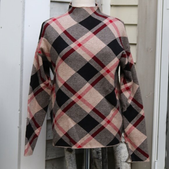 Rachel Zoe Tan Back Red Plaid Mock Turtleneck Sweater Sz SMALL - Picture 1 of 6